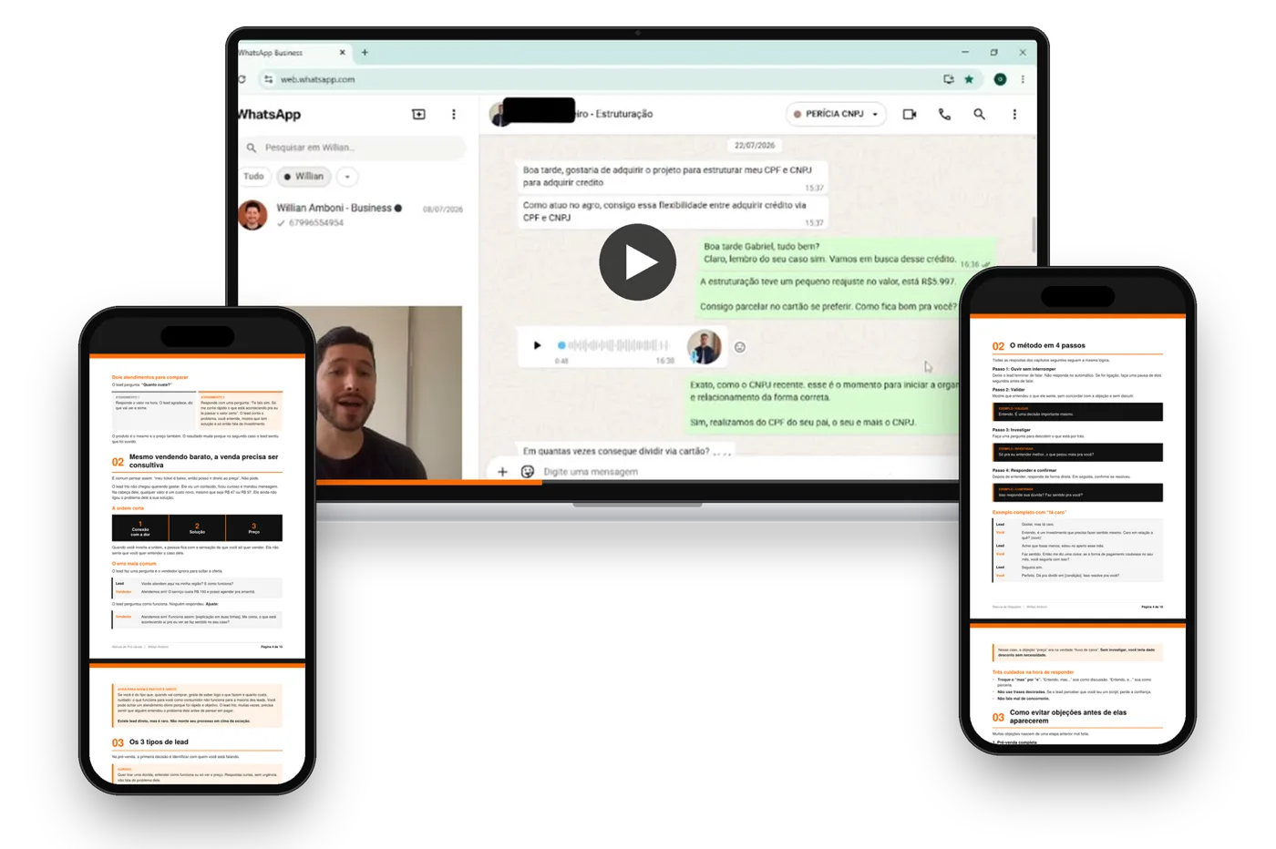 Notebook com a análise de uma venda e dois celulares com páginas dos manuais